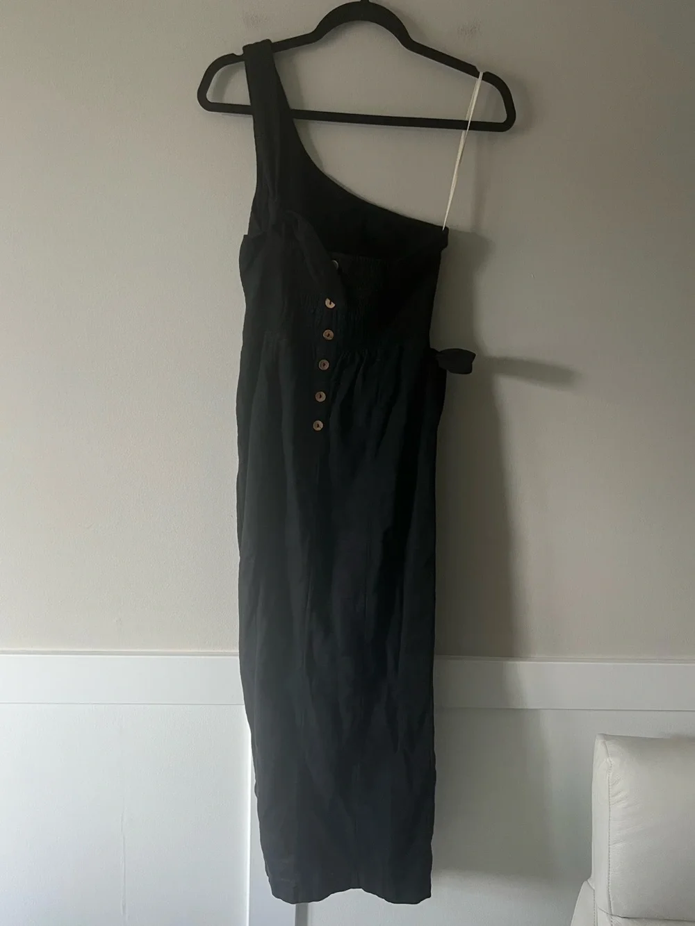 Free People At Leisure One Shoulder Black Midi Dress Side Tie Wrap Size Small